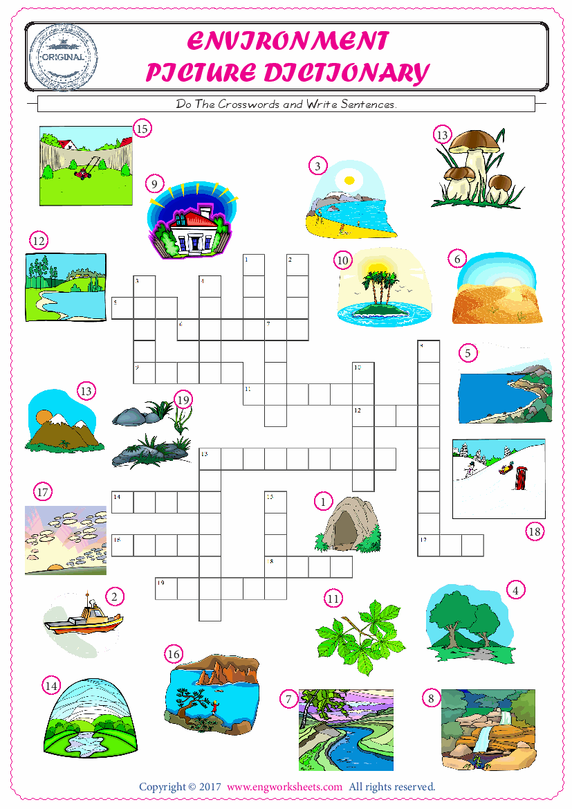  ESL printable worksheet for kids, supply the missing words of the crossword by using the Environment picture. 